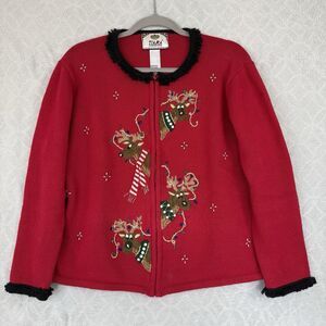 Vtg Tiara Ugly Christmas Sweater Womens M Knit Cardigan Reindeer Holiday Grandma